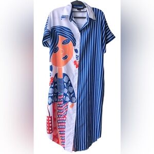 Chat Yai Shop Dress Vibrant Blue Striped Graphic Design.26”Pit 2 Pit X 44”Length